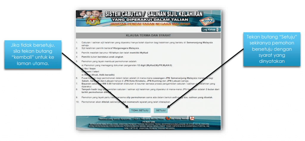 Terma Syarat permohonan online Cabutan kelahiran