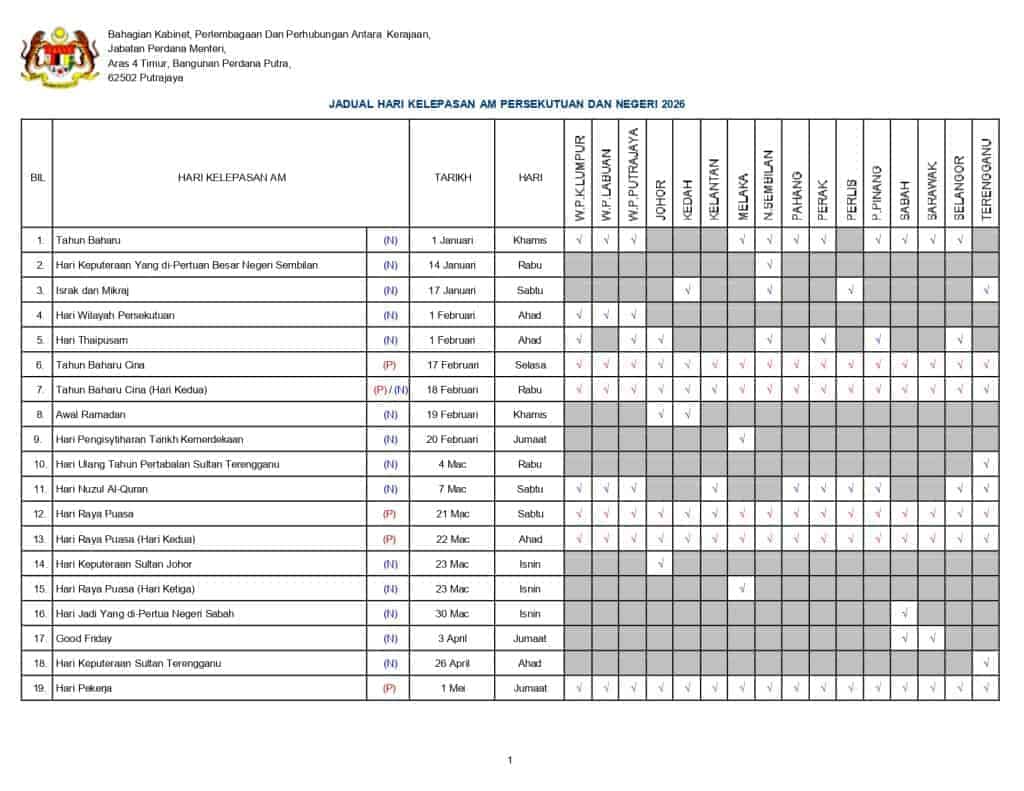 1. Hari Kelepasan Am Persekutuan & Negeri 2026