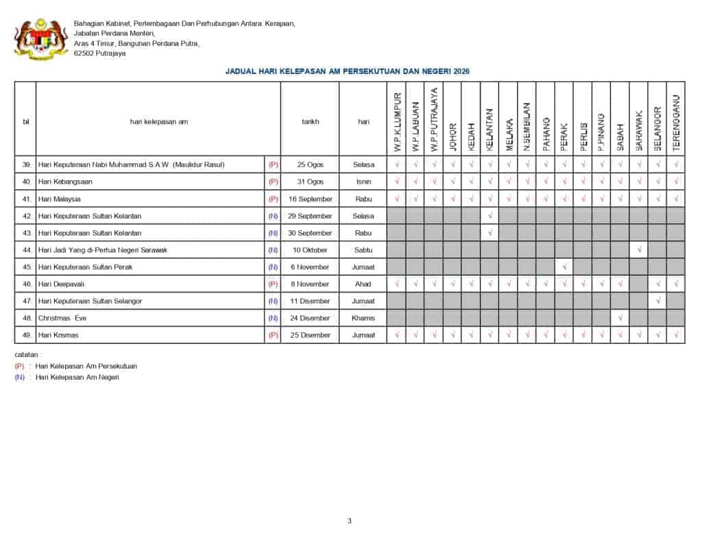 3.Hari Kelepasan Am Persekutuan & Negeri 2026