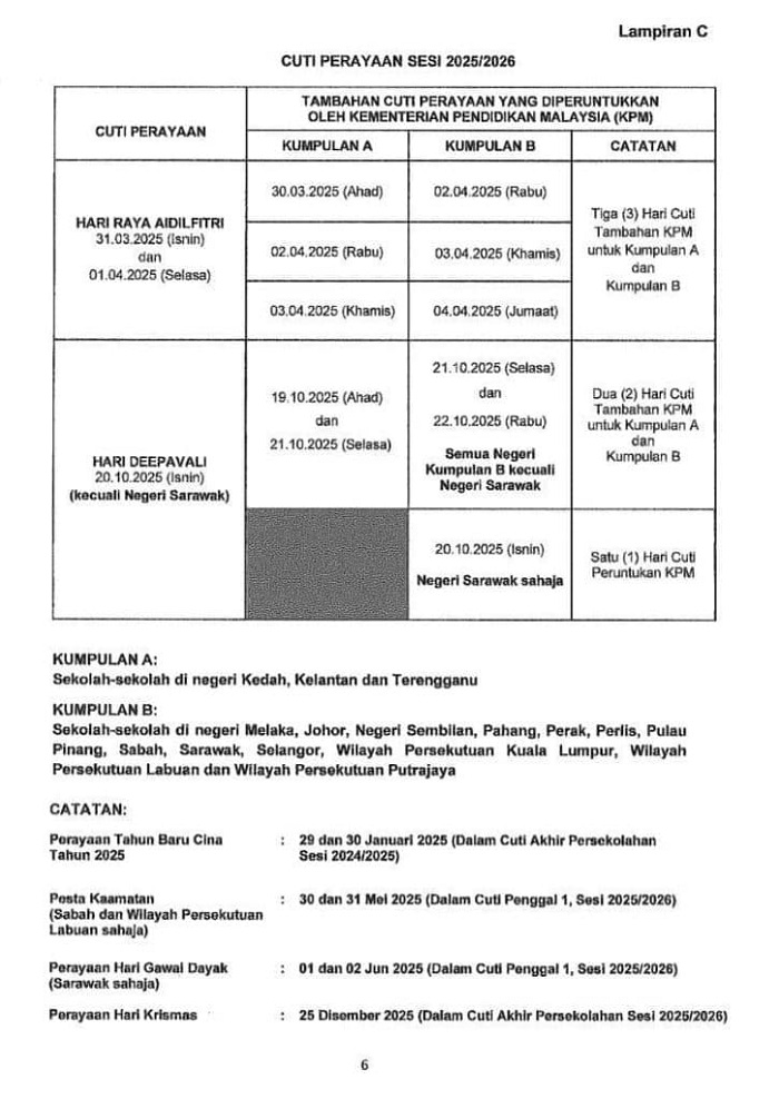 cuti Perayaan takwim akademik sekolah KPM 2025