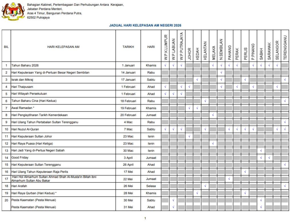 hari kelepasan am negeri 2026